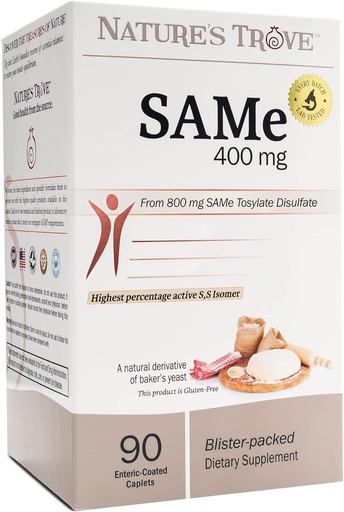 [BRSWGYYKDECAGCT7] Nature's Trove SAM-e 400mg 90 Enteric Coated Caplets. Vegan, Kosher, Non-GMO Project Verified, Soy Free, Gluten Free - Cold Form Blister Packed.