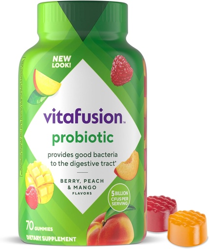 [BRSWGEAZCN6QE3TL] vitafusion Probiotic Gummy Supplements, Raspberry, Peach and Mango Flavors, Probiotic Nutritional Supplements With 5 Billion CFUs, 35 Day Supply, 70 Count