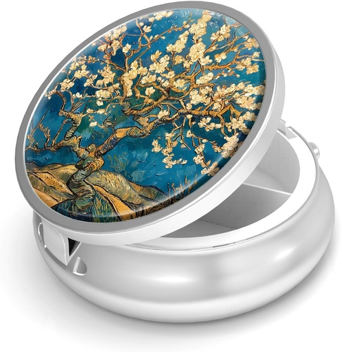 [BRSRAYYPBUCQ22A7] Pill Box-3 Compartment Small Pill Case for Purse & Pocket Mini Metal Pill Holder Travel Pill Container to Hold Supplements Vitamins BPA-Free (Almond Blossom-Van Gogh)
