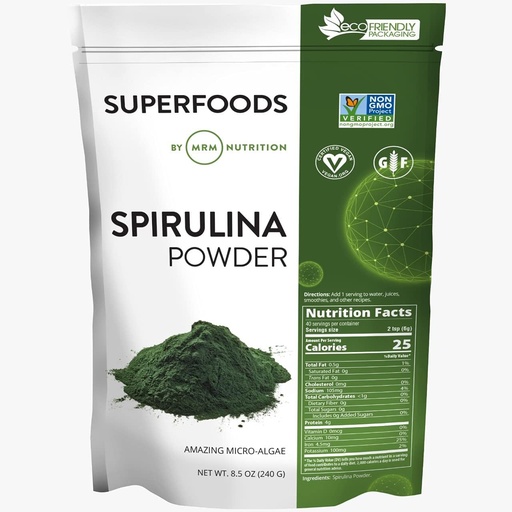 [BRSWKFQIOZ5AA2DE] MRM Nutrition Spirulina w proszku 124; Superfood 124; Kompletne białko roślinne 124; Bezglutenowe + Wegańskie 124; 40 Służenie 124; 8.5 Ounce