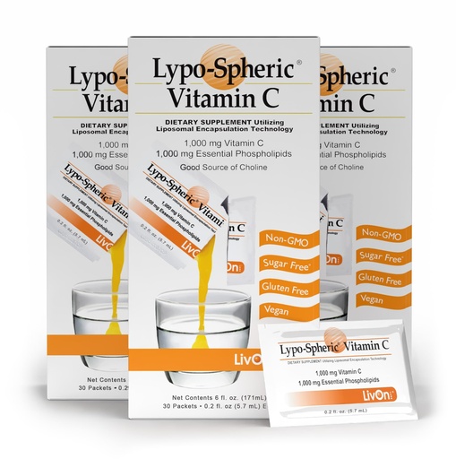 [BRSWIFQBOB4WE2QV] LivOn Laboratories Lypo–Spheric Vitamin C – 3 Cartons (90 Packets) – 1,000 mg Vitamin C & 1,000 mg Essential Phospholipids Per Packet – Liposome Encapsulated for Improved Absorption – 100% Non–GMO