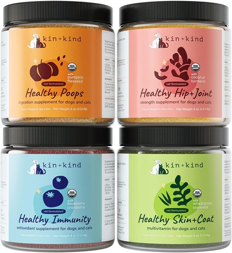 [BRSRAZQ3CMFBOFI2] kin+kind Superfood Supplement Set for Dogs & Cats - Aumentar Imunidade, Promove Pele Saudável & Revestimento, Hip & Joint, Digestão Saudável - Made in USA - Superset (4 x 4 onças)