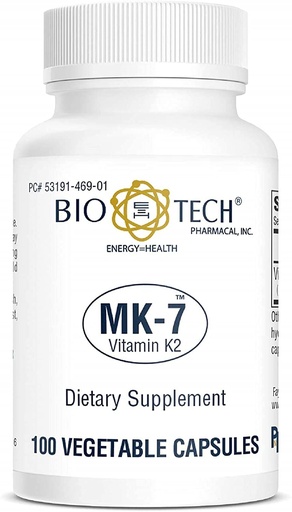 [BRSWK2QDAUMB2HTA] Bio-Tech Pharmacal MK-7 (Vitamin K2), 100 Vegetable Capsules – All-Natural Supplement – Supports Cardiovascular & Bone Health – No Dairy, Fish, Gluten, Peanut, Shellfish, GMOs, Kosher, Halal, & Soy –