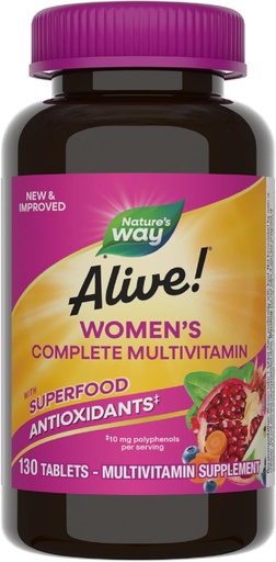 [BRSWYHATDEAQ4FD7] Nature's Way Alive! Daily Complete Multivitamin for Women, Supports Energy Metabolism, Hair, Skin & Nails*, B-Vitamins, Superfood Antioxidants, 130 Tablets (Packaging May Vary)