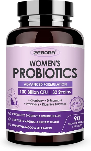 [BRSRMHDYCQHQO3LG] ZEBORA Probiotics for Women Digestive Health with Enzymes & Prebiotics 100 Billion CFUs| Vaginal Probiotics with D Mannose & Cranberry | Urinary Tract Health | Immune Support, 90 Capsules