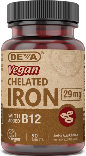 [BRSWIZYDB4HQIEDA] Deva Nutrition Vegan Chelated Iron 29 mg Fortified with B-12 - High Potency, Easy to Swallow - 90 Tablets, 1-Pack