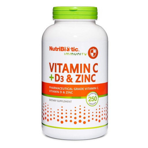 [BRSWYAQYAAFBACLH] NutriBiotic – Vitamin C + Vitamin D3 & Zinc, 250 Capsules | Potent, Comprehensive Immune Support | Essential & Antioxidant Daily Supplement | Gluten & GMO Free