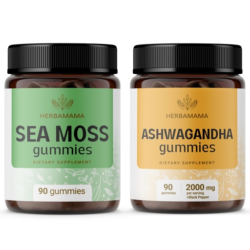 [BRSRAGAZOQFB43IZ] HERBAMAMA Sea Moss and Ashwagandha Kit - Bundle of 1600 mg Sea Moss with Bladderwrack & Ashwagandha Root Gummies - Vegan, Non-GMO, Gelatin-Free - 2 Pack