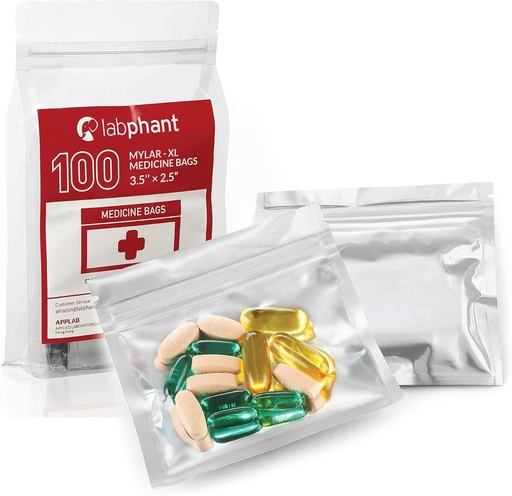 [BRSWYAIYPN7GEHTD] 100 Pack Mylar Smell Proof XL Medicine Bags - Ziplock Bolsas accesorios con Double Tip Perm. Marker; Pill Pack Baggies for Medicine, Jewelry, Hardware; Zipper Sealed Pill Pouches (5,5 x 2,5), Silver