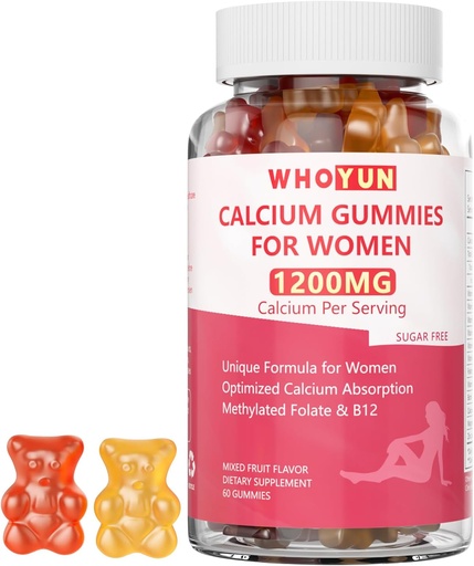 [BRSRAHYFBUCBSEQZ] Calcium Gummies for Women 1200 mg, Unique Formula with Folate, B6, B12, D3, Magnesium, Zinc, Calcium Citrate Chewable Supplement for Bone, Skin Health, 60 Count