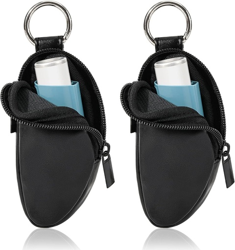[BRSROYACDINQE2AV] Asthma Inhaler Holder Protect Portable Bag Carrying Holder PU Leather Travel Inhaler Mini Bag for L-Shaped Inhaler, Inhaler Not Included (Black, 2PCS)