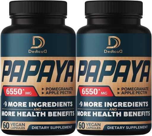 [BRSRMFIBCICAACYU] 10in1 Pure Papaya Enzymes for Digestion 6550mg 4 Months Support Digestion, Immune & Body Health - Blended with Extracted Pomegranate, Apple Pectin, Ginger, Turmeric, Peppermint - 2 Packs 60 Counts