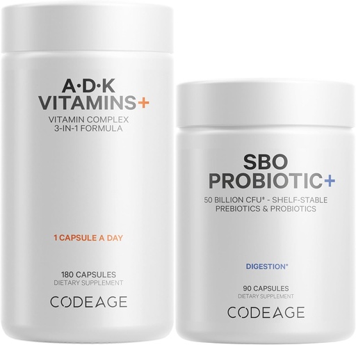 [BRSW2ZL2CMOWYALX] Codeage Daily ADK Vitamin & Probiotic Bundle – Vitamin A Retinyl Palmitate, Vitamin D3 Cholecalciferol, Vitamin K, 50 Billion CFU SBO Probiotic Blend, Non-GMO