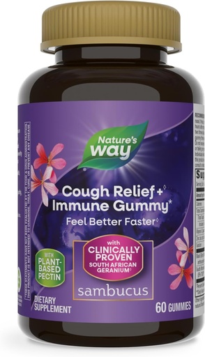 [BRSW2ZA5PIGRYCAY] Nature's Way Sambucus Cough Relief+, Immune Gummy, Feel Better Faster, Clinically Proven South African Geranium Root Extract, with Elderberry Extract, Vitamin C & Zinc, 60 Gummies(Packaging May Vary)