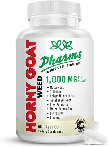 [BRSRAEI3DEAQ423G] PHARMS Hornygoatweed for Men & Women (1,000 mg) - Energy & Stamina Capsules with Maca Root, Tribulus, Tongkat Ali, Saw Palmetto & Ginseng - Female & Male Performance Enhancing Supplement - 60 Capsule