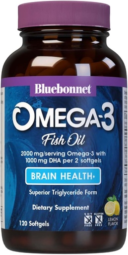[BRSWIYT6CYFGYFA3] BlueBonnet Nutrición Omega-3 Cerebro Fórmula Natural Triglyceride Forma DHA 1000 mg EPA 210 mg, altamente concentrado cognitivo saúde e apoio ao benestar, Gluten-Free Softgel, Amarelo/Clear, Lemon, 120 Conde