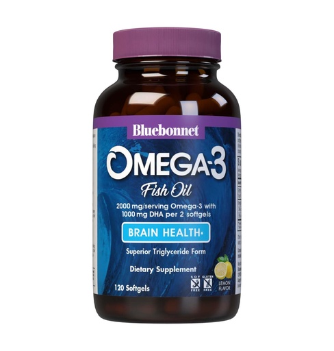 [BRSWIYT6CYFGYFA3] BlueBonnet Nutrition Omega-3 Brain Formula Natural Wild Caught Triglyceride Form DHA 1000 mg EPA 210 mg, Highly Concentrated Cognitive Health & Wellness Support Supplement, Gluten-Free Softgel, Yellow/Clear, Lemon, 120 Count