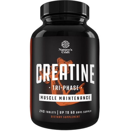 [BRSROBABO4CBUCL4] Natures Craft High Strength Tri Phase Creatine Tablets for Women & Men - Formula Blend of Creatine Monohydrate, 300mg HCL & Pyruvate Supplement - Muscle Mass Gain & Recovery Supplement - 240 Count