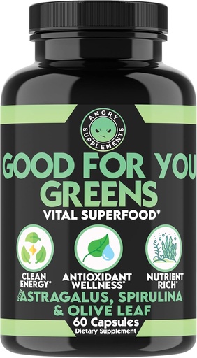 [BRSW2GQ2C54A2YAY] Angry Supplements Good for You Greens, Vital Green Super Food Blend for Immune Support Booster Formula, Infused with Spirulina, Astragalus Root, and Olive Leaf Root Extract (1-Bottle)