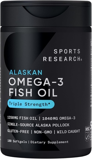 [BRSWKEA5AEJQGG3Y] Sports Research Triple Strength Omega 3 Fish Oil - Burpless Fish Oil Supplement w/EPA & DHA Fatty Acids from Single-Source Wild Alaskan Pollock - 1250 mg, 180 ct
