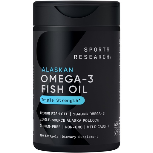 [BRSWKEA5AEJQGG3Y] Sports Research® Omega-3 Fish Oil 1250 - Triple Strength Fish Oil Supplement from Wild Alaska Pollock - MSC Certified Sustainable · Non-GMO · Soy Free - 180 Softgel Capsules
