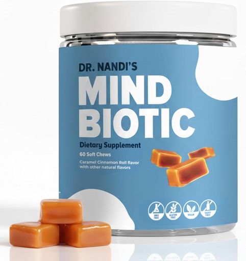 [BRSRA233CUDQ2CLB] Dr. Nandi's MindBiotic Brain & Digestive Health Supplement - KSM-66 Ashwagandha, Probiotics & Prebiotics - Supports Memory, Focus, Energy & Gut-Brain Connection - 300MG - 60 Caramel Cinnamon Chews