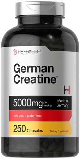[BRSWYBADBUOQ22Q3] Horbaach German Creatine Monohydrate | 5000mg | 250 Powder Capsules | Non-GMO & Gluten Free Supplement