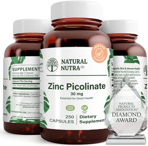 [BRSWGEI3C4CWA3A2] Natural Nutra Zinc Picolinate 30 mg, doble fuerza, crudo y puro, suplemento altamente biodisponible para el crecimiento y el apoyo a los inmunes, ayuda a apoyar el sistema metabólico, disminuir el colon común 250 cápsulas