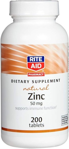 [BRSWIYYCDIPGIFTU] Rite Aid Zinc natural, 50 mg, 200 tabletas - soporta función inmune - suplementos de zinc - suplementos de vitaminas - Suplemento natural de zinc - Minero esencial para a saúde antioxidante - Easy-to-Swallow