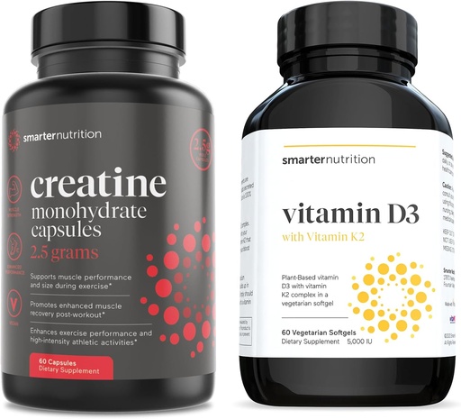 [BRSRAZIRDIJQM2TA] Smarter Nutrition Plant-Based Vitamin D3 with Vegan K2 Complex in a Vegetarian Softgel & Creatine Pills with 2500mg (2.5g) Creatine Monohydrate Per Serving, Vegan Creatine Capsules [1-Month Supply]