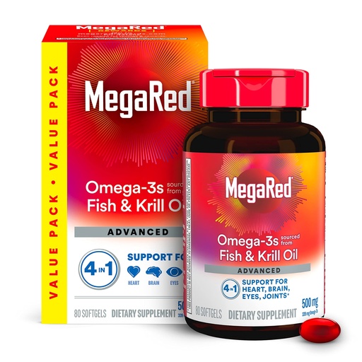 [BRSWKFQKBMCGKDDI] Megared Omega-3 Fish Oil + High Absorption Krill Oil 500mg Softgels, MegaRed Advanced 4in1 (80 count in a bottle) Concentrated Omega-3 Fish & Krill Oil Supplement