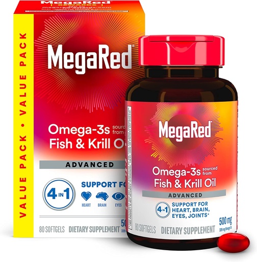 [BRSWKFQKBMCGKDDI] Megared Omega-3 Fish Oil + High Absorption Krill Oil 500mg Softgels, MegaRed Advanced 4in1 (80 count in a bottle) Concentrated Omega-3 Fish & Krill Oil Supplement