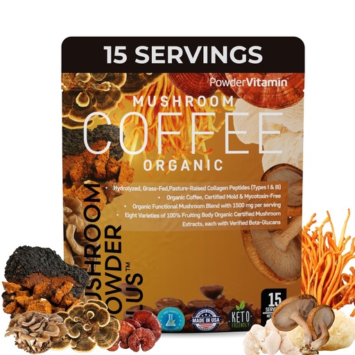 [BRSRAHAHABYRACYV] PowderVitamin Organic Mushroom Coffee - Mold & Mycotoxin-Free -15 Servings | Certified Grassfed Collagen, Types 1 & III 8 Fruiting Mushrooms, Beta-Glucans Focus Energy Digestion & Immunity