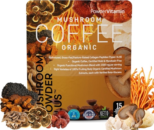 [BRSRAHAHABYRACYV] PowderVitamin Organic Mushroom Coffee Certified Mold & Mycotoxin Free GrassFed Collagen Types I & III 8 Fruiting Body Mushrooms Tested for BetaGlucans Focus Energy Digestion & Immunity 15 Servings