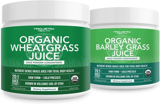 [BRSWYHAKBFYWM2A6] Organic Wheatgrass Juice Powder Plus Organic Barley Grass Juice Powder - USA Grown in Volcanic Utah Soil, Both Raw Form & 5.3 oz