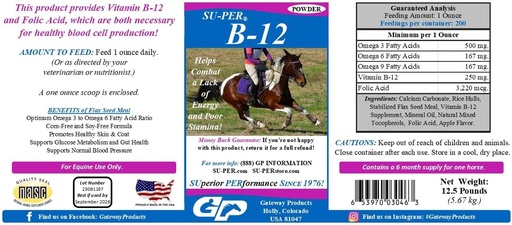 [BRSROHYZBYMGE3TD] SU-PER B-12 Energy Horse Supplement - Equine Vitamins B-12 & B-9 Folic Acid Support Powder - 12.5 Pounds, 6 Month Supply