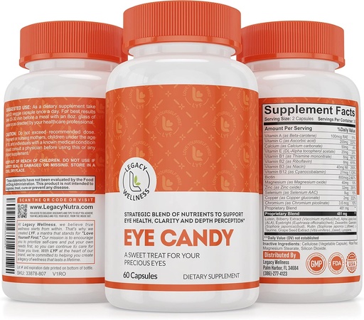 [BRSROYD5DIFAED3L] Legacy Wellness Øye Candy Eye Vitaminer med lutein, Zeaxanthin, Kalsium, Biotin, Kobber, Sink piller + støtter visjon helse hos eldre voksne + Øyestrem fra for mye skjermtid, tørre øyetilskudd