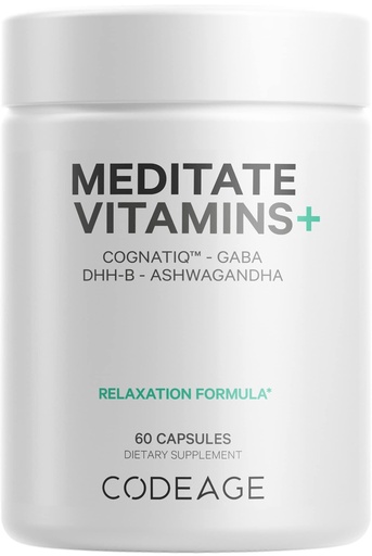 [BRSWYZQOB55QYYD2] Codeage Meditate Vitamins+ Supplement - CognatiQ, DHH-B, GABA, Ashwagandha, Organic Mushrooms, Blueberries - BDNF Brain Pills and Neuroprotein - Vegan, Non-GMO, Gluten-Free - 60 Capsules