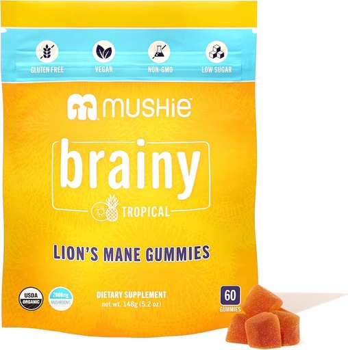 [BRSRA2YQC57QYA3P] Mushie 100% Organic Lion’s Mane Mushroom Gummies - 2000mg (75mg A & B-Glucans) for Brain Health, Focus & Memory - 60 Organic Lions Mane Gummies for Adults & Kids