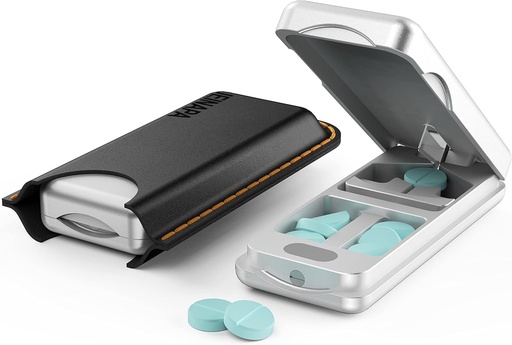 [BRSRMA32CMAQICAU] Pill Cutter Auto Centing Device, Aluminum Pill Splitter 316L Stainless Blade, Eredeti bőr eset, Professional Pill Splitter vágására kis vagy nagy tabletták (ezüst)