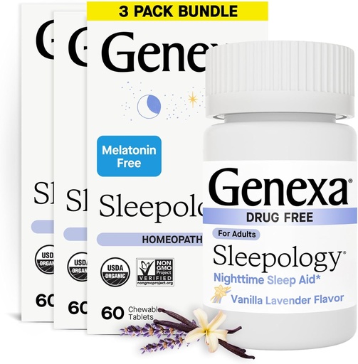 [BRSWGCT5O55RUETP] Genexa Sleepology for Adults | Melatonin Free Sleep Calm Aid |Soothing Natural Vanilla & Lavender Flavor | Certified Organic & Non-GMO | Homeopathic Remedy Made Clean | 180 Chewable Tablets (3 Pack)