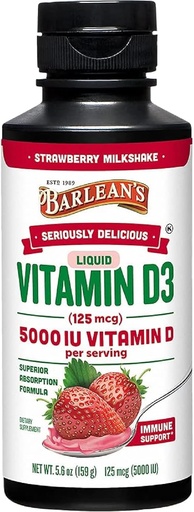 [BRSWYFQQOR4BG236] Barlean's Vedel D-vitamiin, 5000 IU D3, maasika piimakokteil Maitsestatud lastele ja täiskasvanutele, Maksimaalne imendumine, Mitte-GMO, Gluteenivaba - 5,6 oz