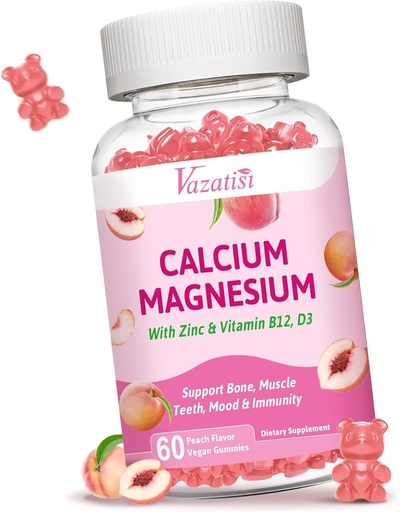 [BRSRAZD7AAORUH3F] Calcium Magnesium Zinc Gummies with Vitamin D3 B12, Calcium Supplements for Women Men, Peach Flavor 60 Cts