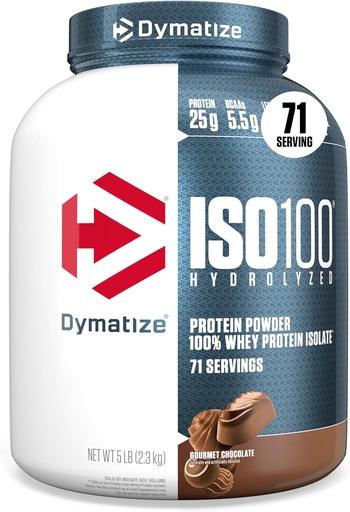 [BRSWIYAHOUHWMDD2] Dymatize ISO100 Whey Білок порошок Ізолят, шоколад для гурманів, 25г білка, 5 фунт, 5,5г BCAAs, Менше ніж 120 Кал., Клейков Free, 1г Жир, 1г Цукор, 2г Карб (71 Сервінги)