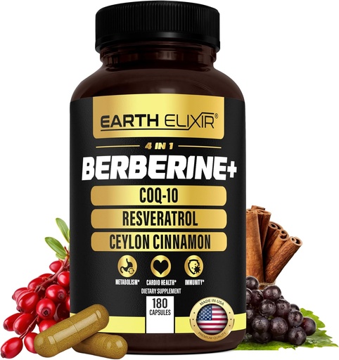 [BRSROED6OV7RQETB] Terra Elixir 4-em-1 Berberine Suplemento – Berberina orgânica com canela Ceilão, CoQ10 Ubiquinol, e Resveratrol Pó – Metabólico & Suporte Energia Celular, 180 Cápsulas Vegan
