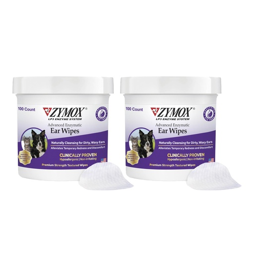 [BRSRAGD2CEMQY3DP] Zymox Advanced Enzymatic Ear Wipes for Dogs and Cats - for Dirty, Waxy, Smelly Ears - Premium Strength Ear Cleaner Wipes - Non-Irritating - Hypoallergenic (100 Count-Pack of 2)