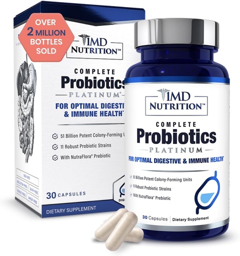 [BRSWGAYRBYHBA3I2] 1MD Nutrition Complete Probiotics Platinum - w/Prebiotics and Probiotics for Digestive Health - Probiotic Supplement for Women & Men - Mehr als 50 Billion Live CFU 11 Strains Dairy-Free - 30 Caps