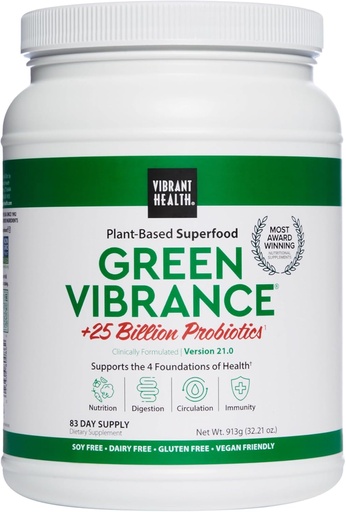 [BRSWIHAMDIBRC3DK] Vibrant Health, Green Vibrance, Includes 65 Plant-Based Superfoods, 25 Billion Probiotics, Fiber, Adaptogens & Enzymes, 83 Servings