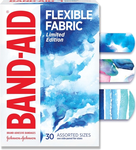 [BRSROAYQOQNGGG3G] Band-Aid Brand Flexible Fabric Adhesive Bandages, Comfortable Flexible Protection & Wound Care for Minor Cuts & Scrapes, First Aid Bandage with a Water Color Design, Assorted Sizes, 30 ct
