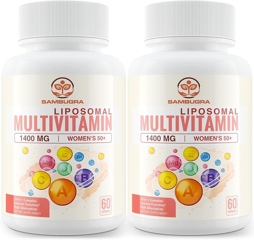 [BRSRAZQTA4HGEHQ6] Liposomal Multivitamin för kvinnor 50 + - Kvinnor Dagliga Multivitamin med 32 Ingredienser, Q10, Vitaminer C, B, D, E för kardiovaskulär och benhälsostöd - Järnfri (120 kapslar)